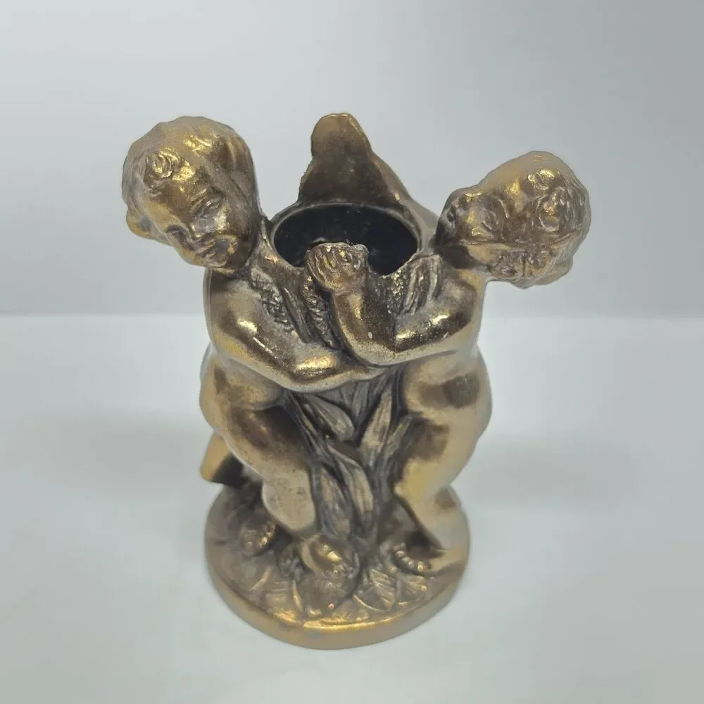 Vintage Metal Bronze Brass Cherub Cupid Gold Tone Candle Stick Holder Romantic